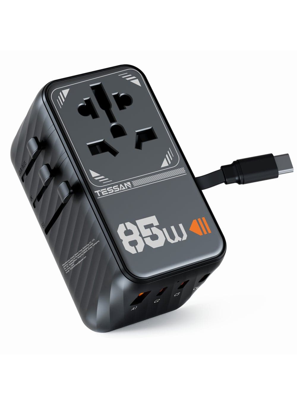 Universal Travel Adapter 85W, USB-C Fast Charger with Retractable Cable
