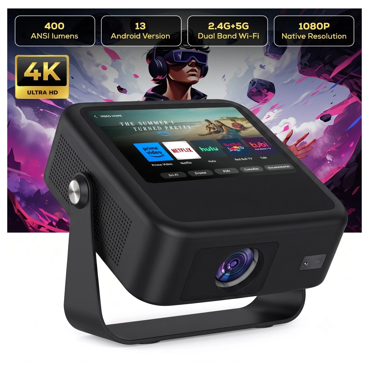 KA53 Smart Projector | 1080P, Android 13 & 7″ Touchscreen Black