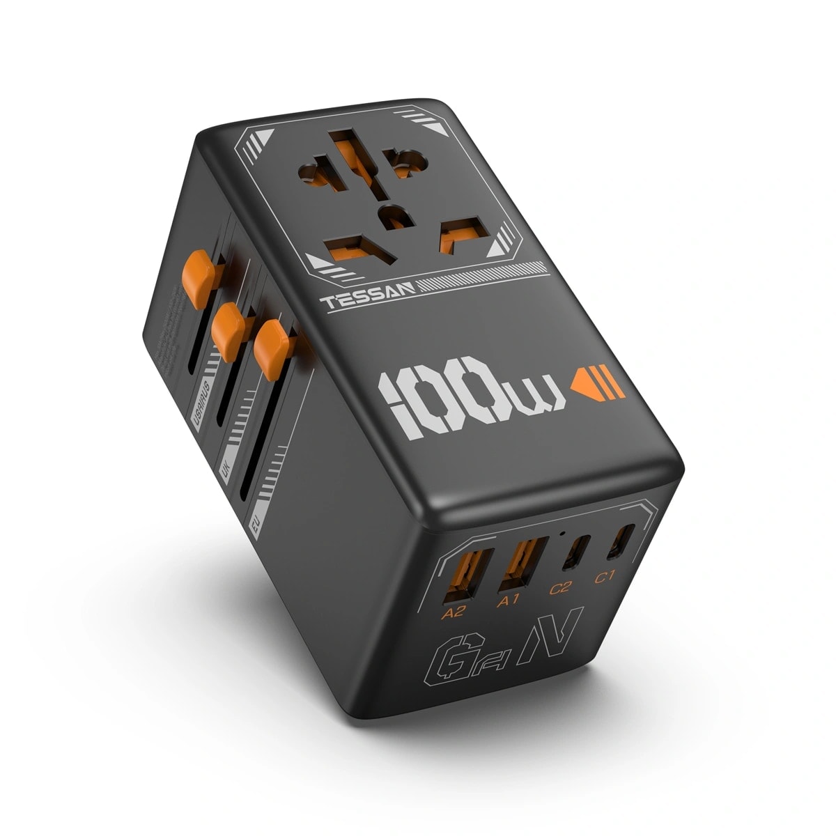 TESSAN 100W GaN Universal Travel Adapter with USB-C, Black