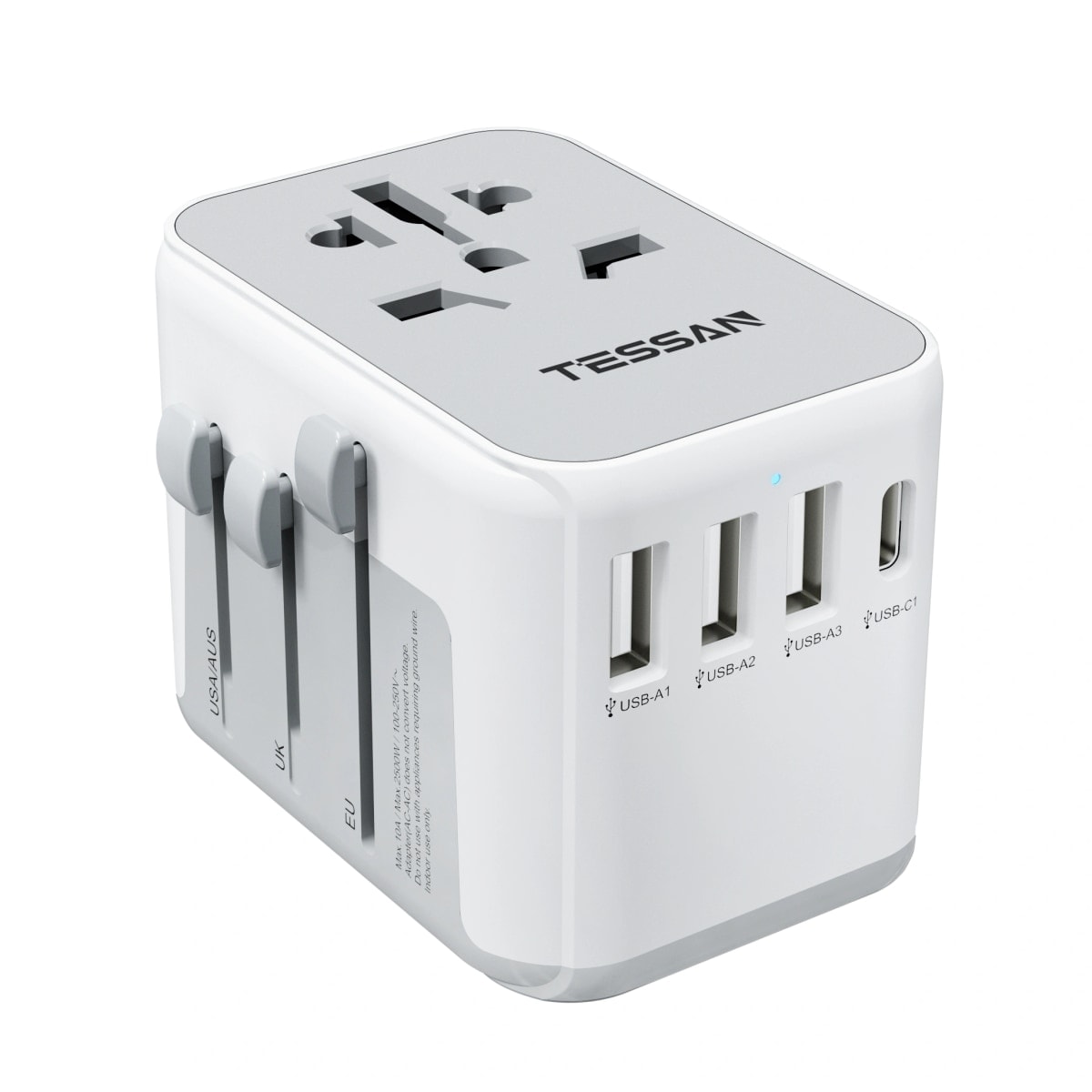TESSAN Universal Travel Adapter with 1 USB-C & 3 USB-A, White