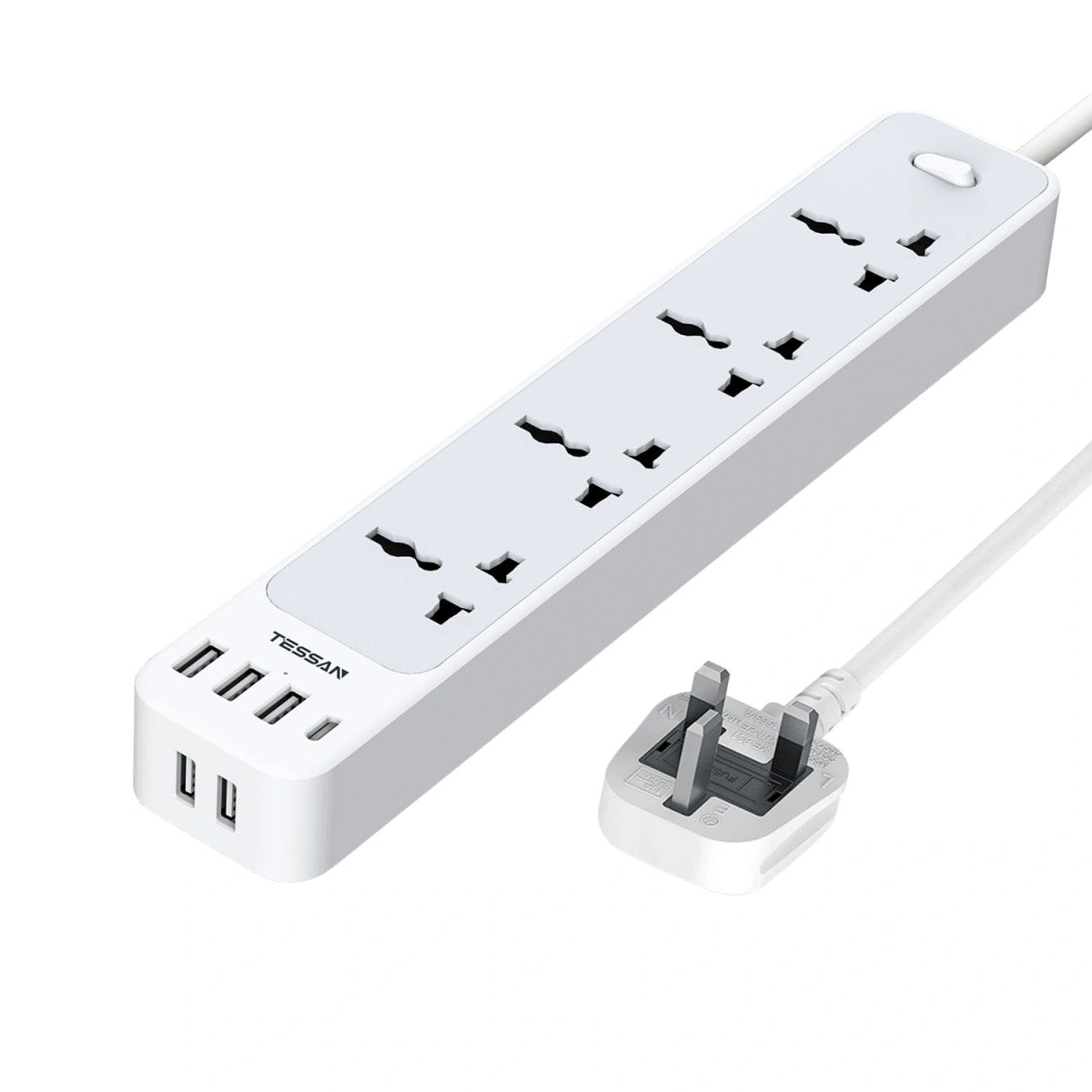 TESSAN 4 Way Universal Extension Lead with 6 USB Ports, 2m White