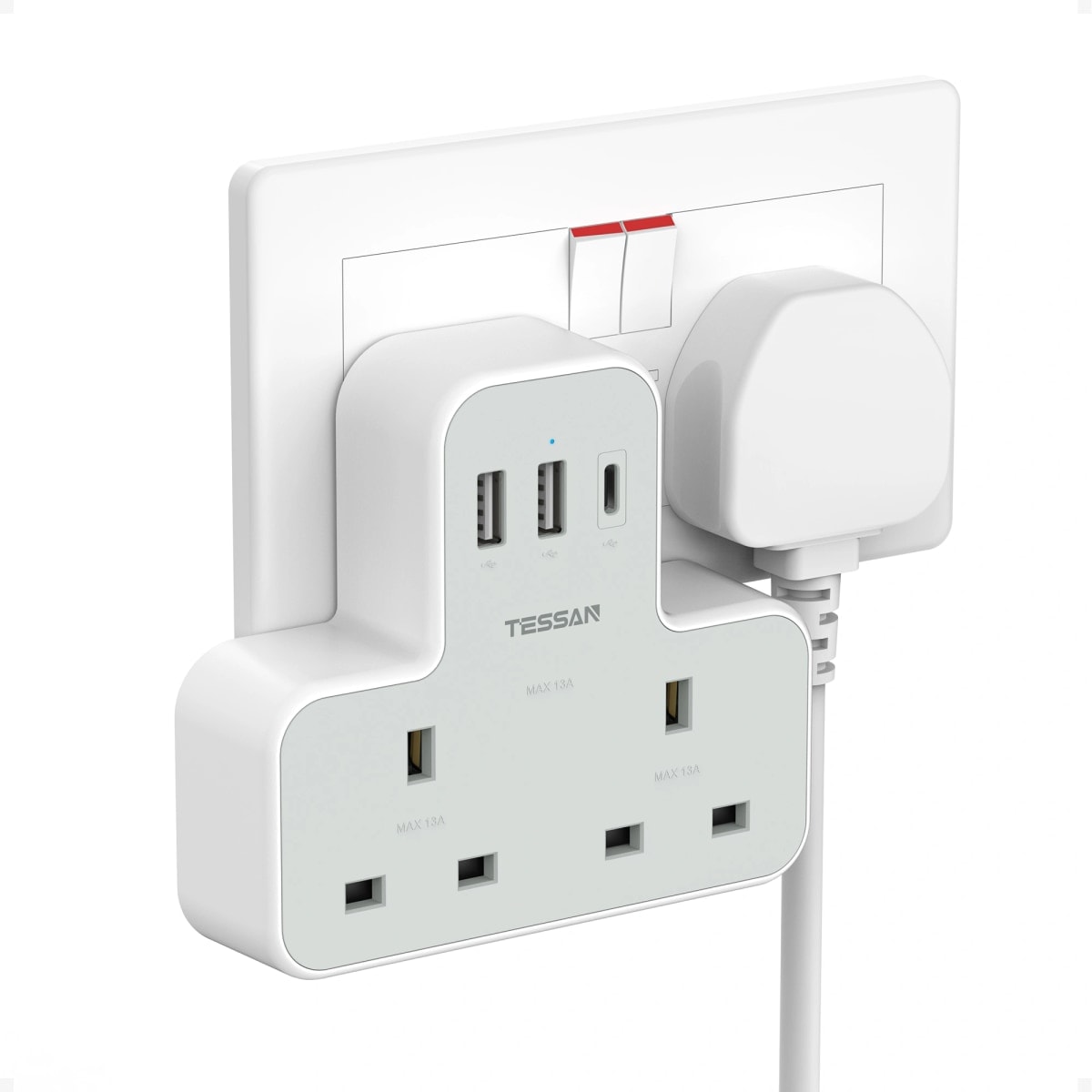 TESSAN Double Plug Adaptor UK with 3 USB Ports, White