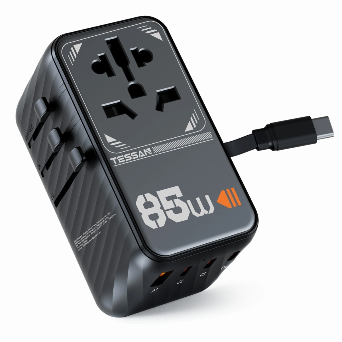 TESSAN Universal Travel Adapter 85W GaN with Retractable Cable Black
