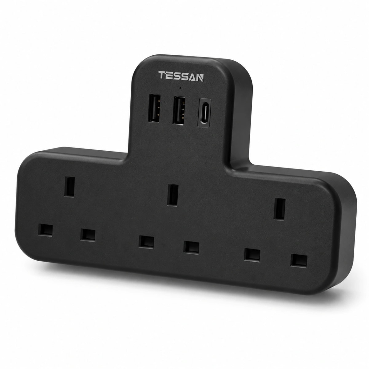TESSAN 3 Way Plug Extension Socket with USB-C & 3 USB Ports, Black