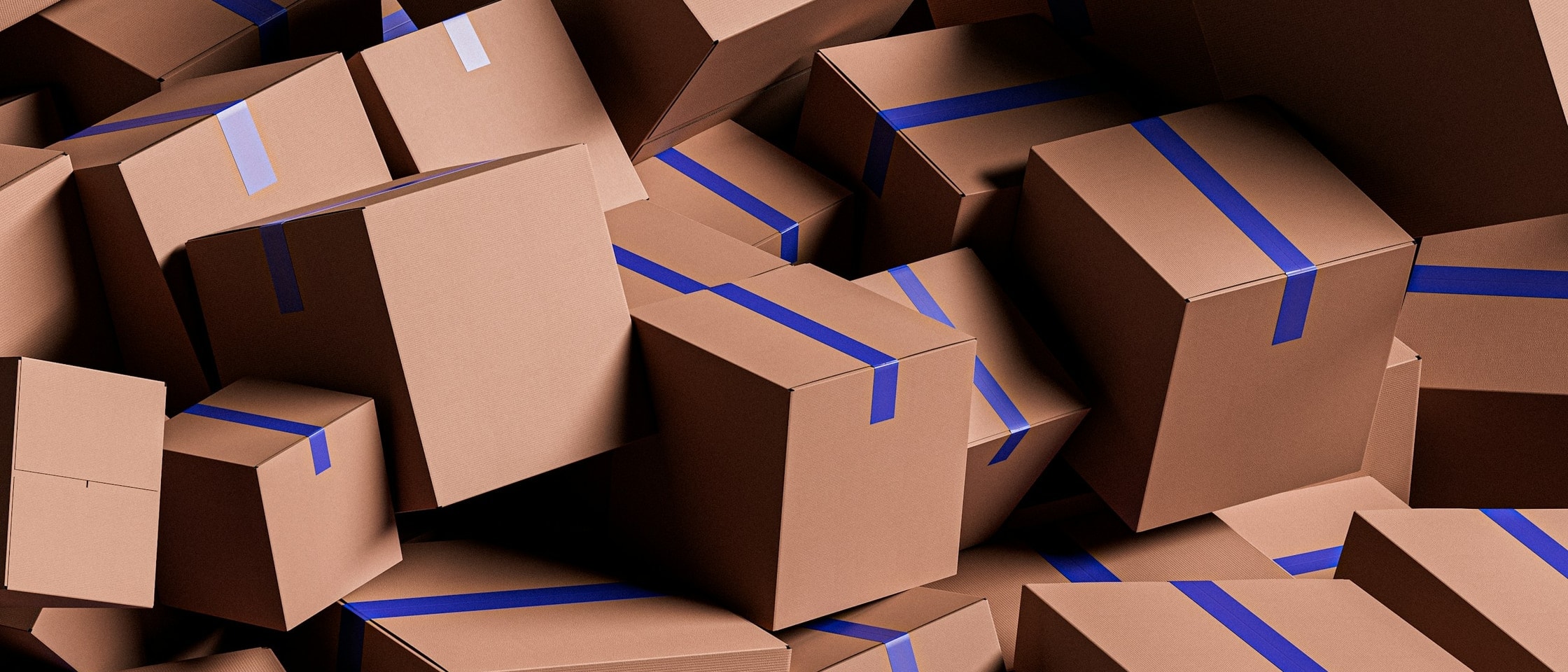 Cartons stacked and taped in a warehouse