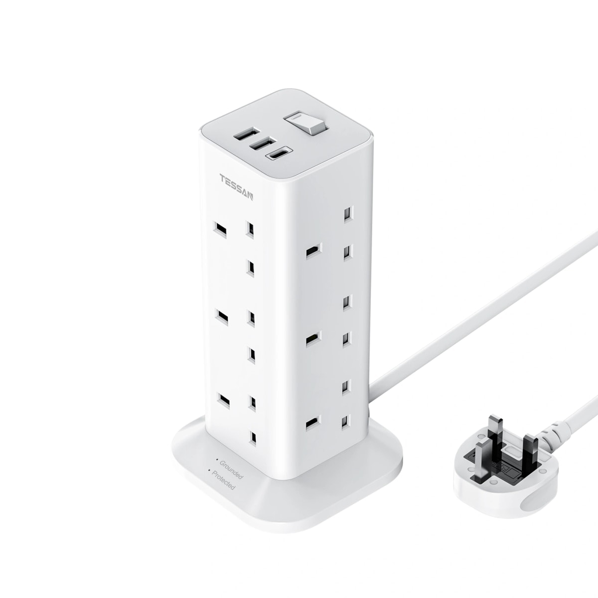 TESSAN 12 Way Tower Extension Lead 3M with USB-C, White