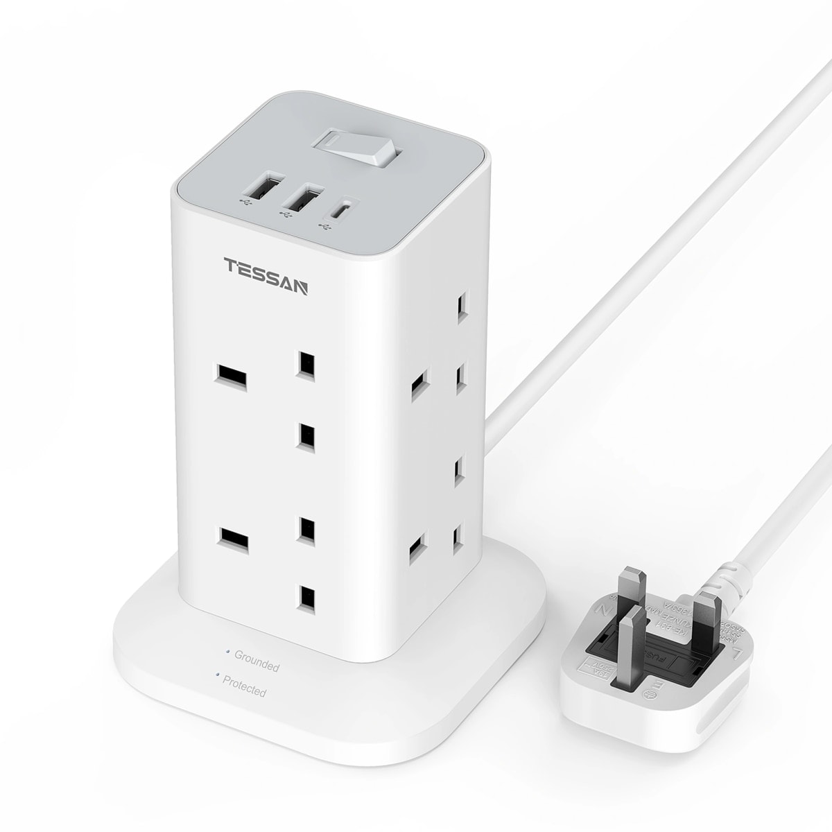 TESSAN 8 Way Tower Extension Lead with USB-C & Surge Protection White