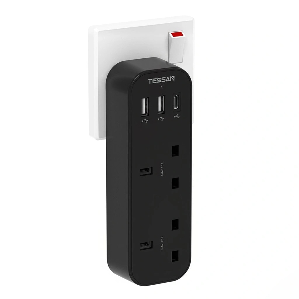 TESSAN Double Plug Adaptor with USB-C & 3 USB Ports, Black
