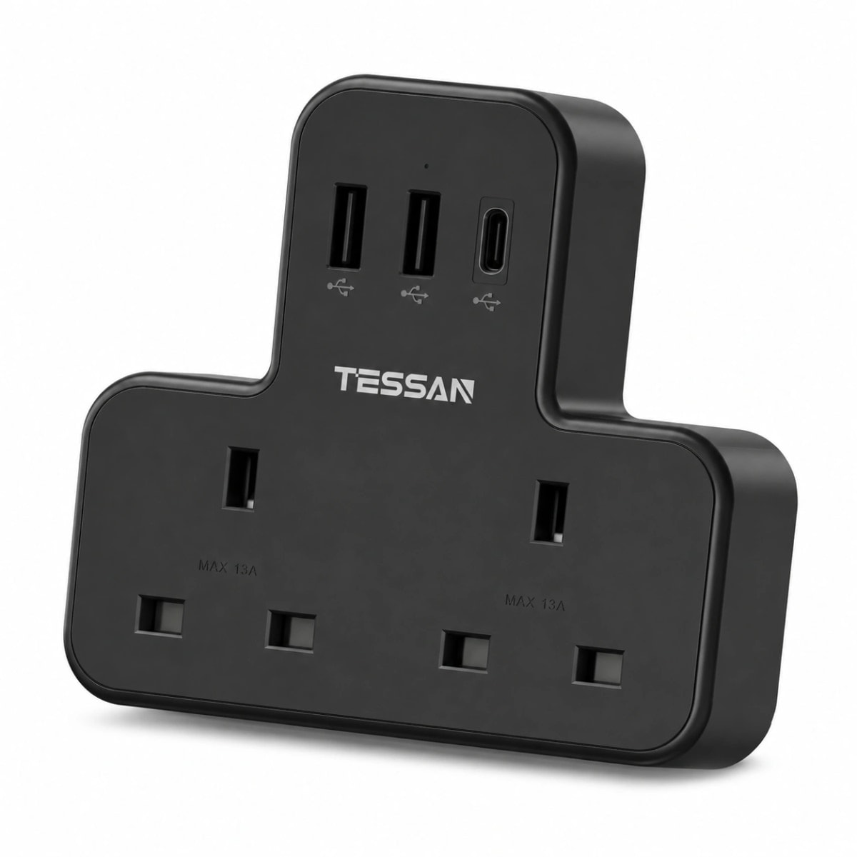 TESSAN 2 Way Multi Plug Extension Socket with USB-C, Black