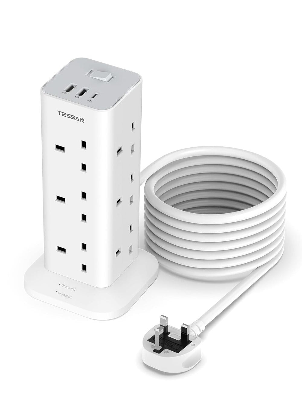 TESSAN 12 Way Tower Extension Lead with USB-C, 2m, White
