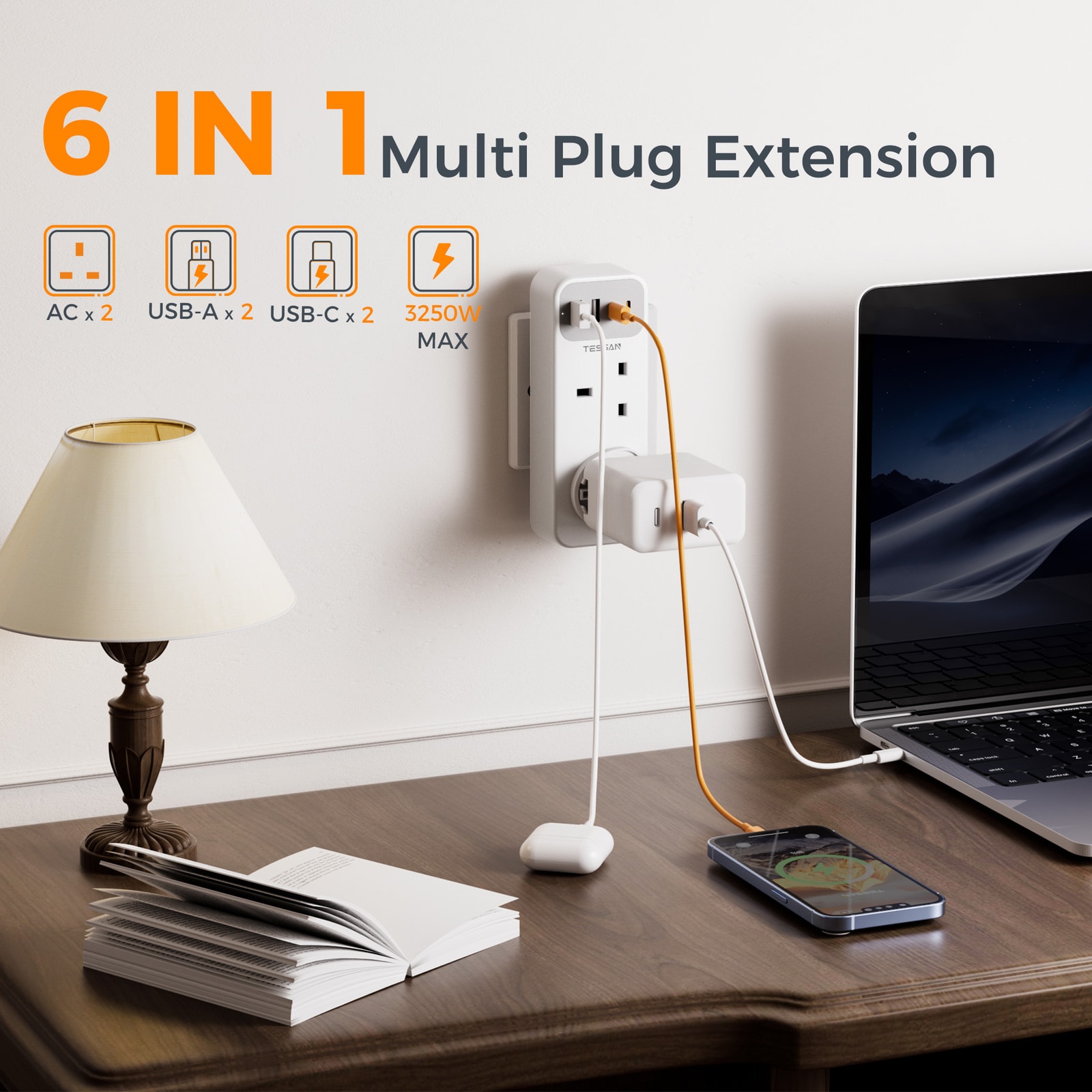 6-in-1 Double Plug Adaptor with 4 USB Ports
