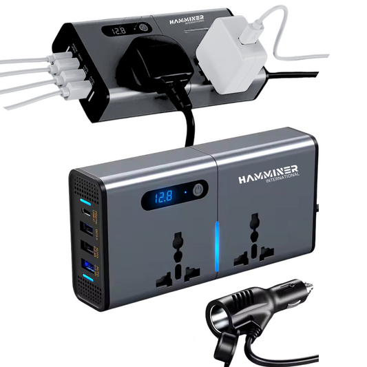 HAMMINER™ 200W Car Power Inverter, DC 12/24V to 220V AC Car Inverter,3 USB 1 Type-C Ports Charger Adapter Car Plug Converter with Switch and Current LED Screen,Suitable for Cars, SUV & Truck