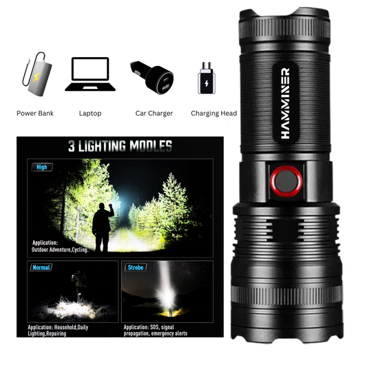 HAMMINER™ Rechargeable Flashlights, 10000 High Lumens Tactical LED Flashlight, XHP70.2 High-Powered Flashlight with Zoom, 5 Modes, IPX7 Waterproof for Camping, Hiking, and Emergencies