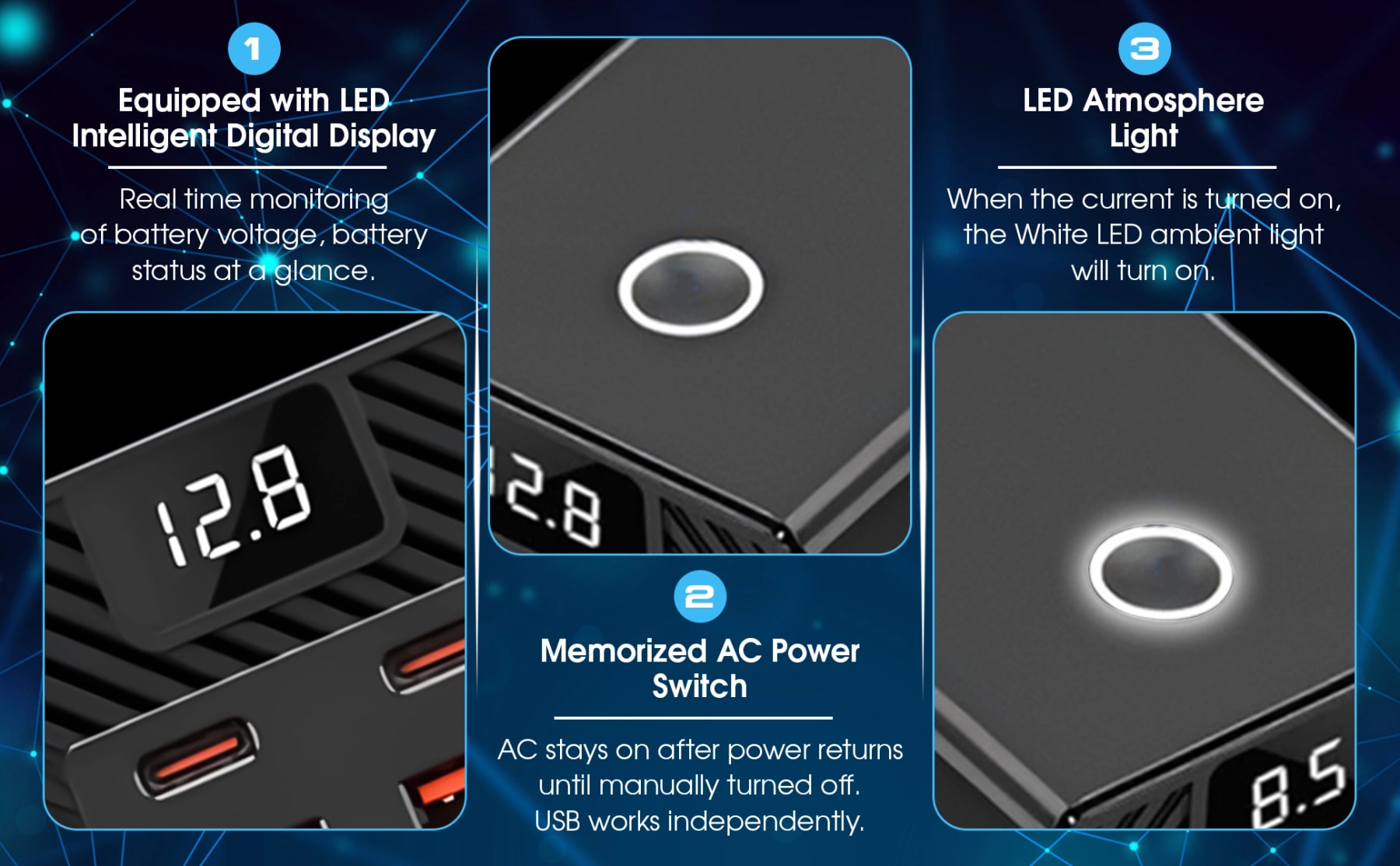 Close-ups of the inverter's digital voltage display, AC power switch and white LED indicator ring.
