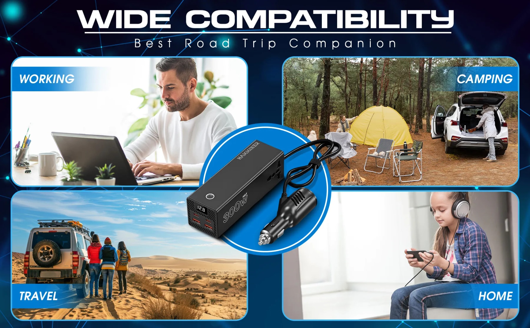 300W car power inverter surrounded by scenes of laptop work, camping, road travel and phone use.