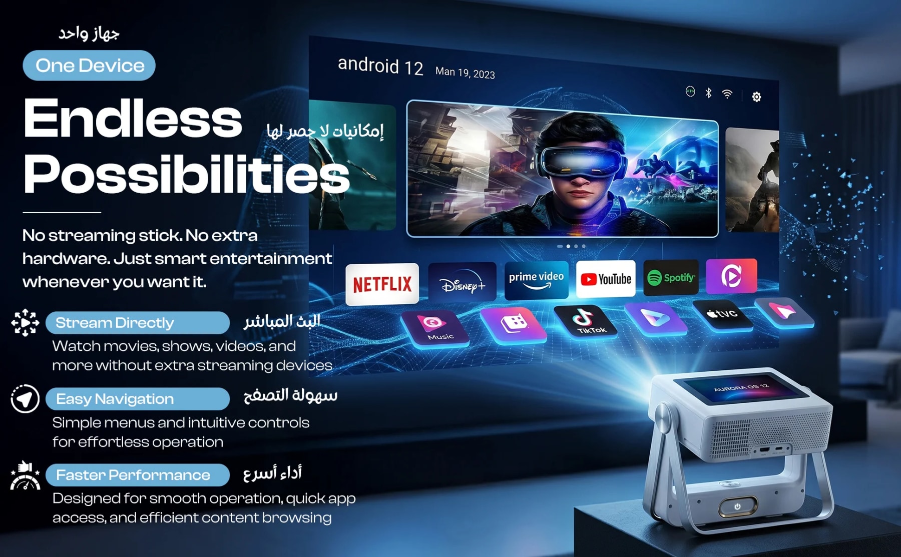 A5 Pro projector displaying an Android 12 interface with streaming apps including Netflix, YouTube and Prime Video.