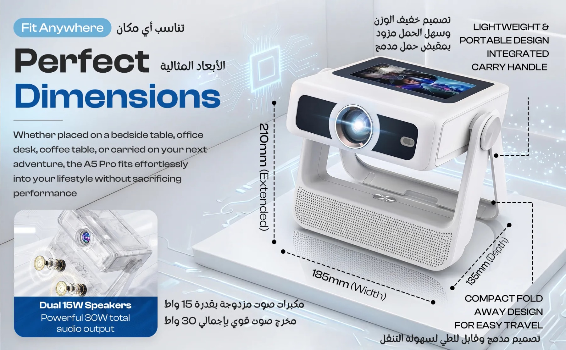 A5 Pro projector dimensions showing 185mm width, 135mm depth and 210mm extended height, with dual 15W speakers.