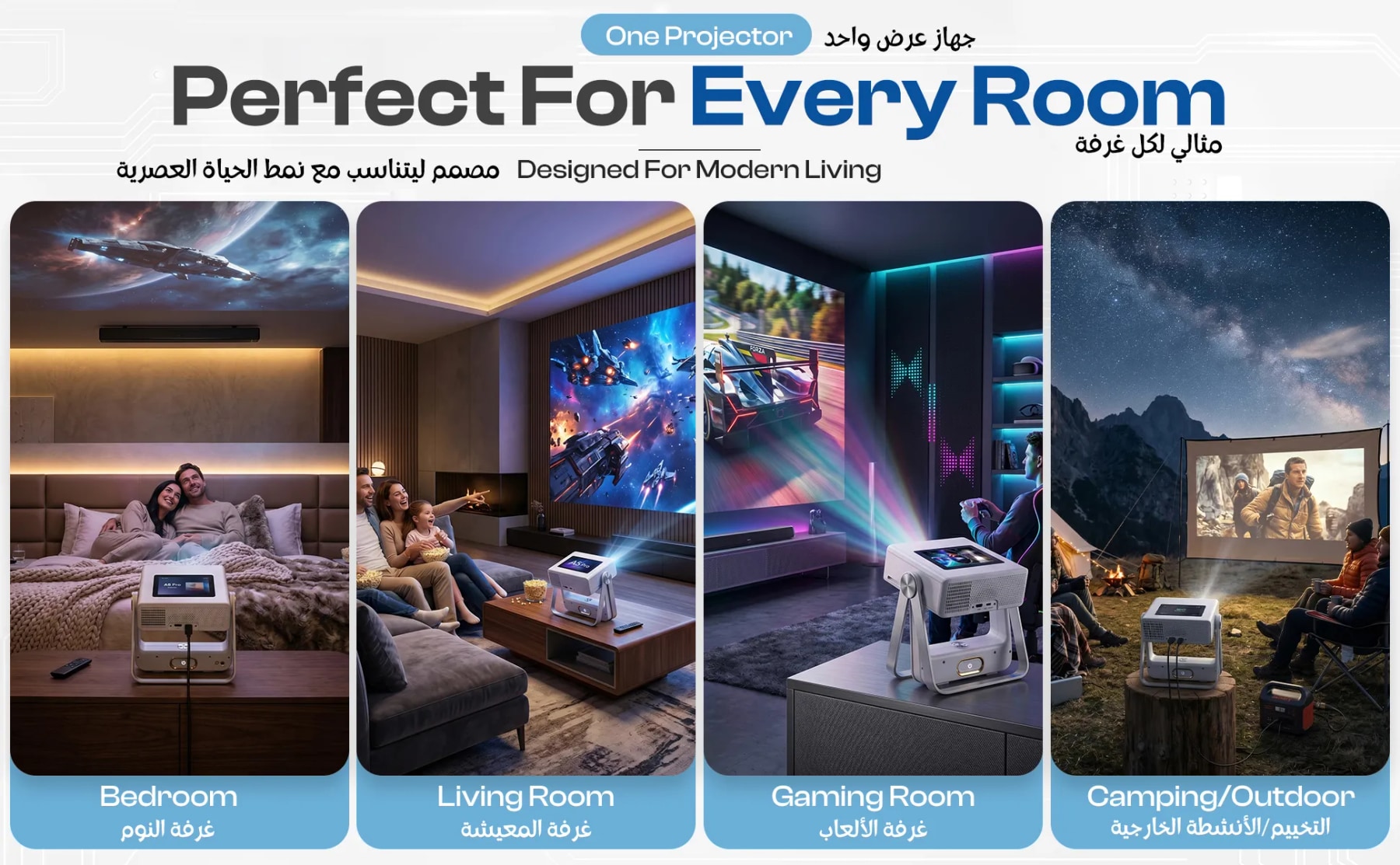 A5 Pro projector shown in bedroom, living room, gaming room and outdoor camping setups.