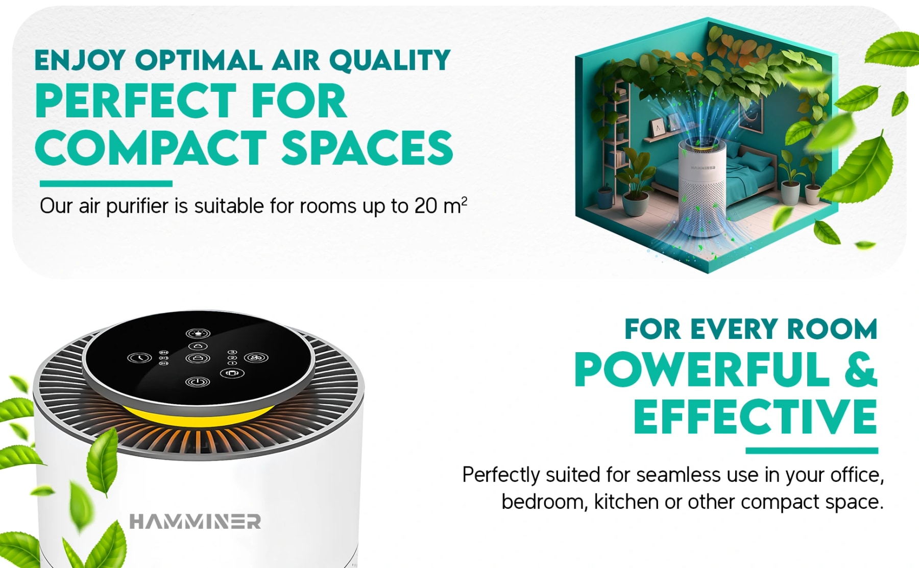 Air purifier illustration showing placement and airflow in a compact bedroom.