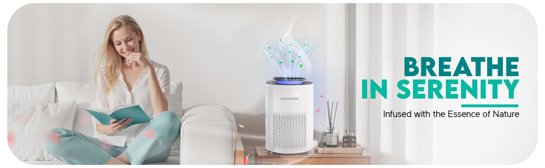 Woman reading on a sofa beside a white air purifier on a side table.