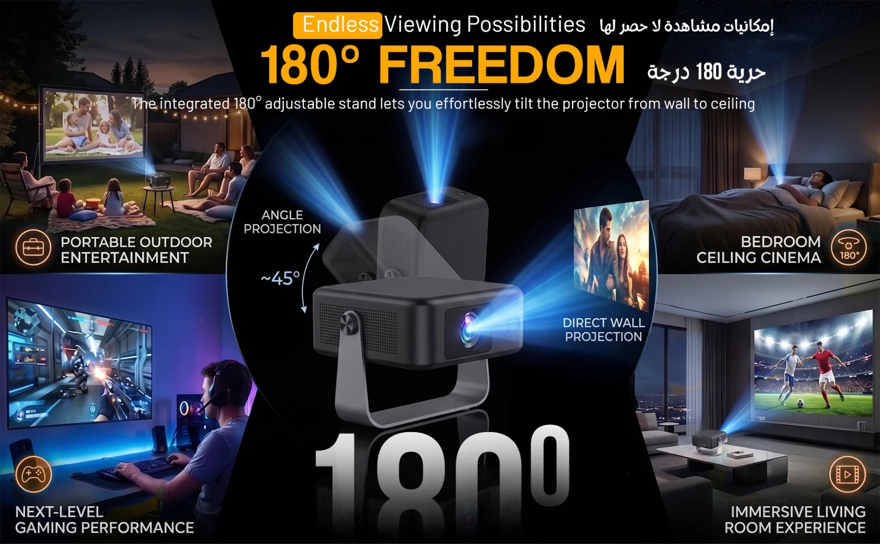 Black smart projector with a 180-degree adjustable stand, showing wall, ceiling, outdoor and gaming setups.