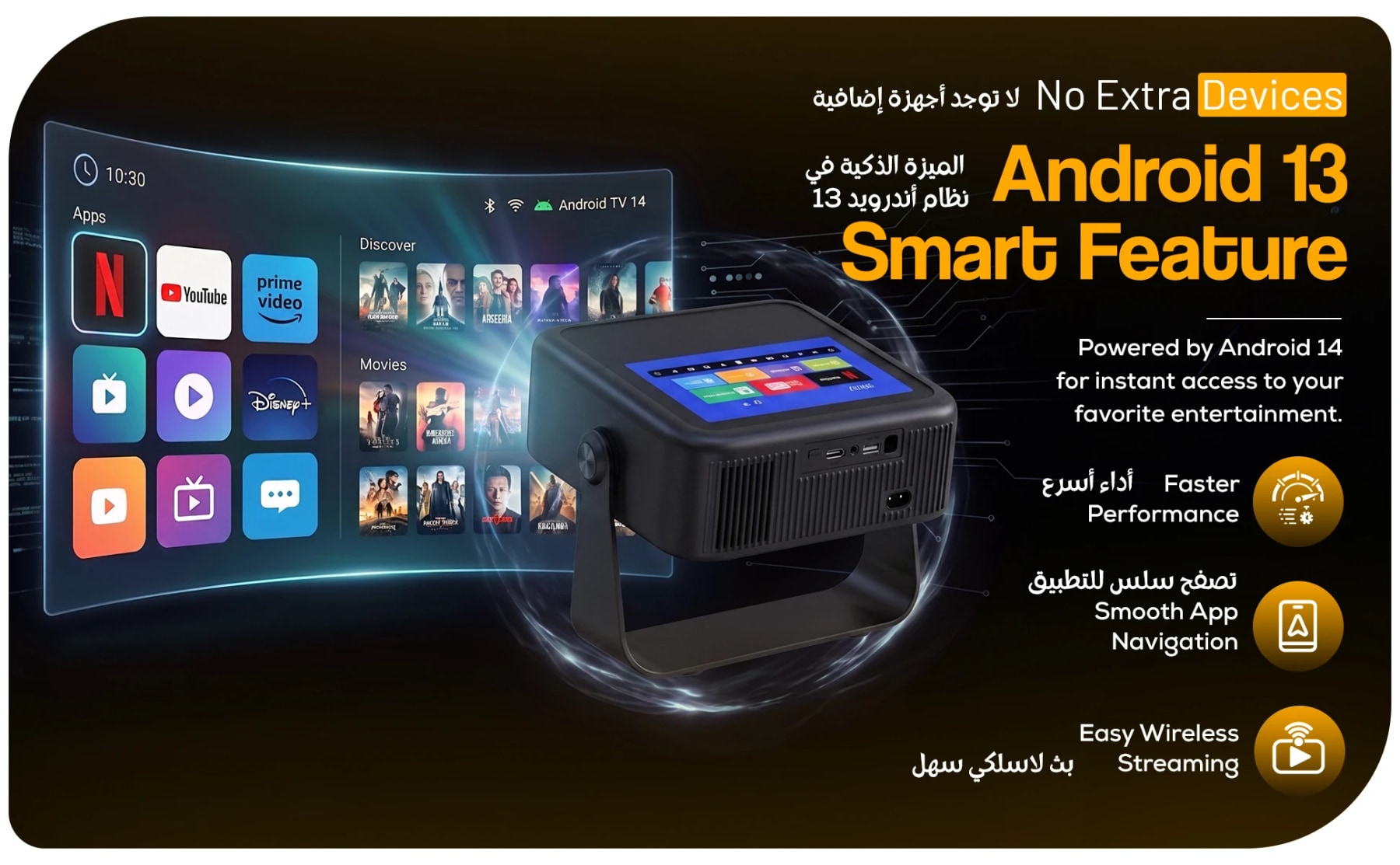Black smart projector beside an Android streaming interface showing Netflix, YouTube, Prime Video and Disney+.
