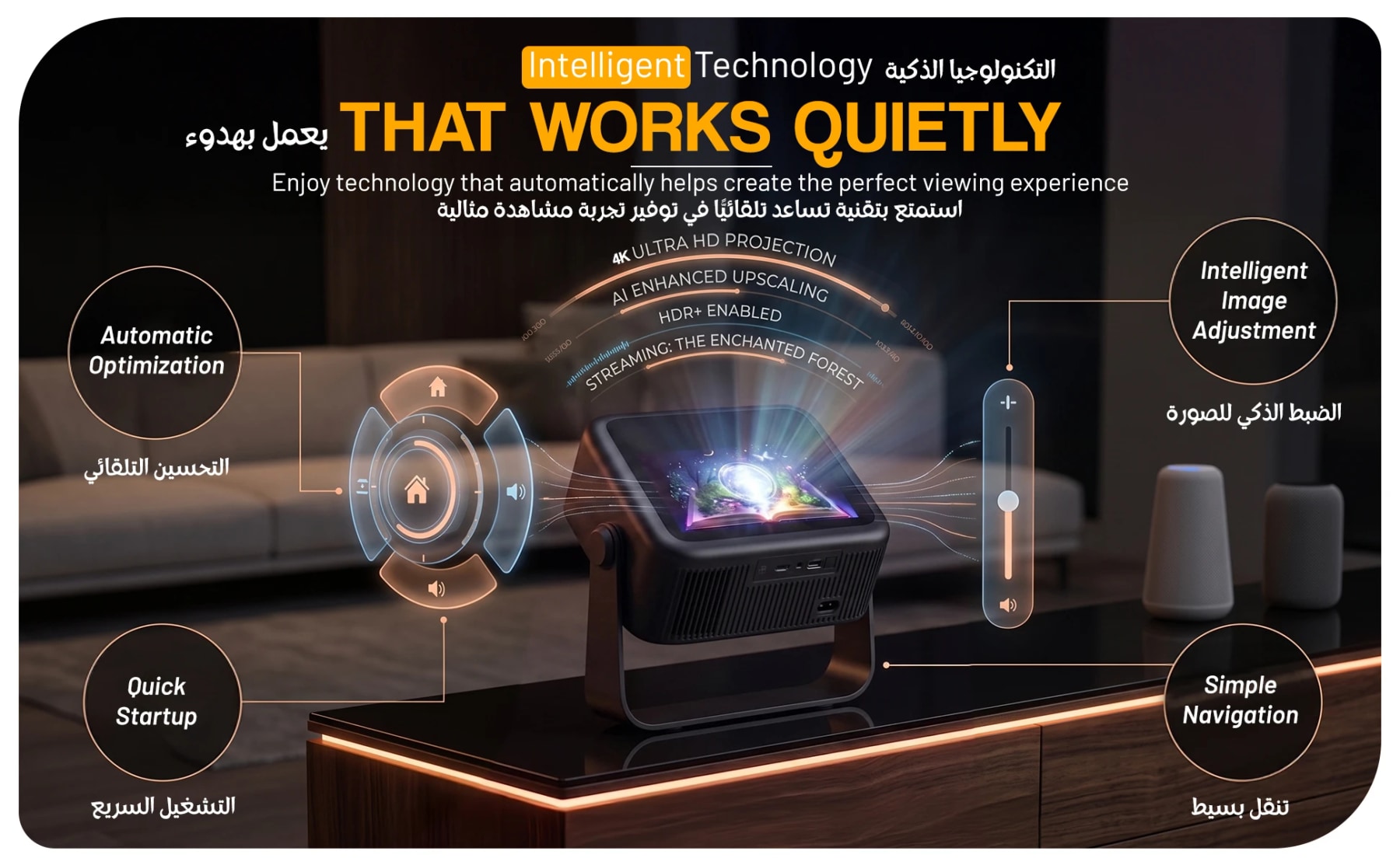 Black smart projector graphic highlighting automatic image adjustment, quick startup and simple navigation.