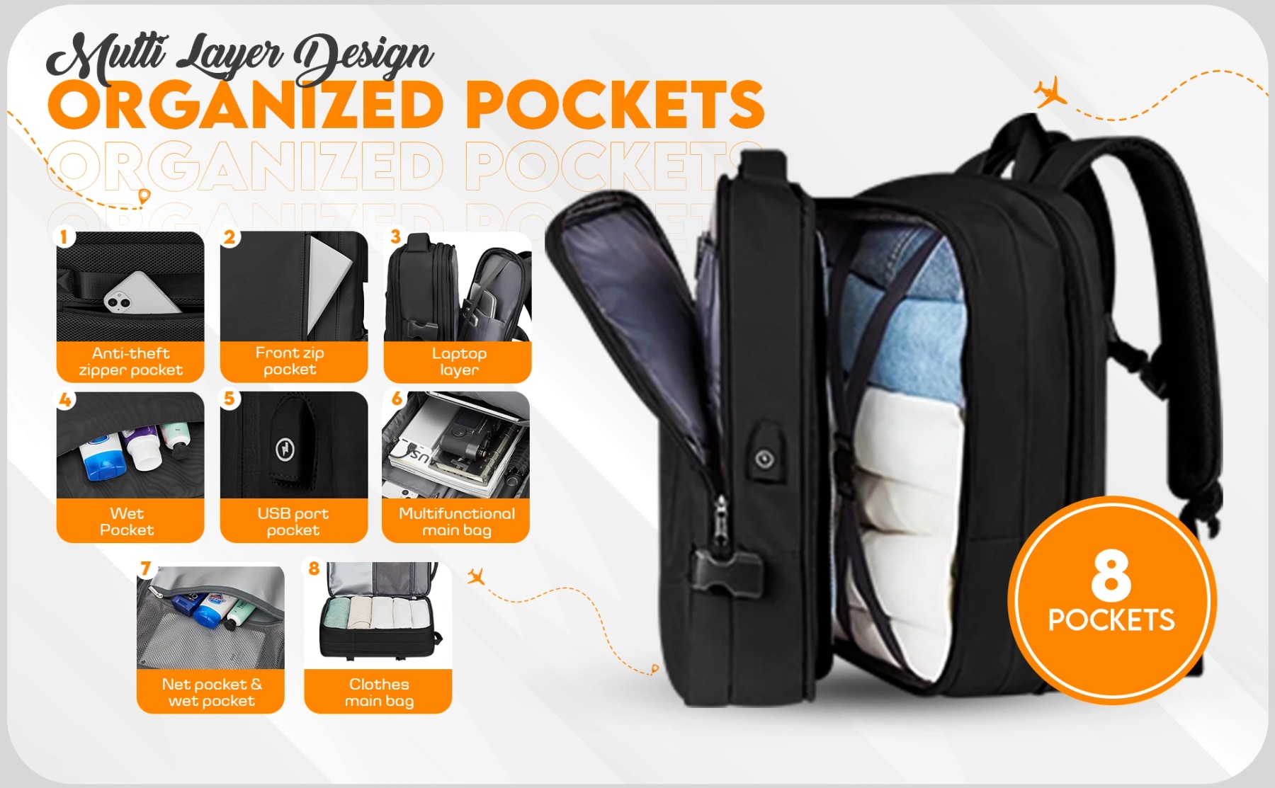 Open black travel backpack with eight storage sections highlighted for clothes, laptop, toiletries and accessories.