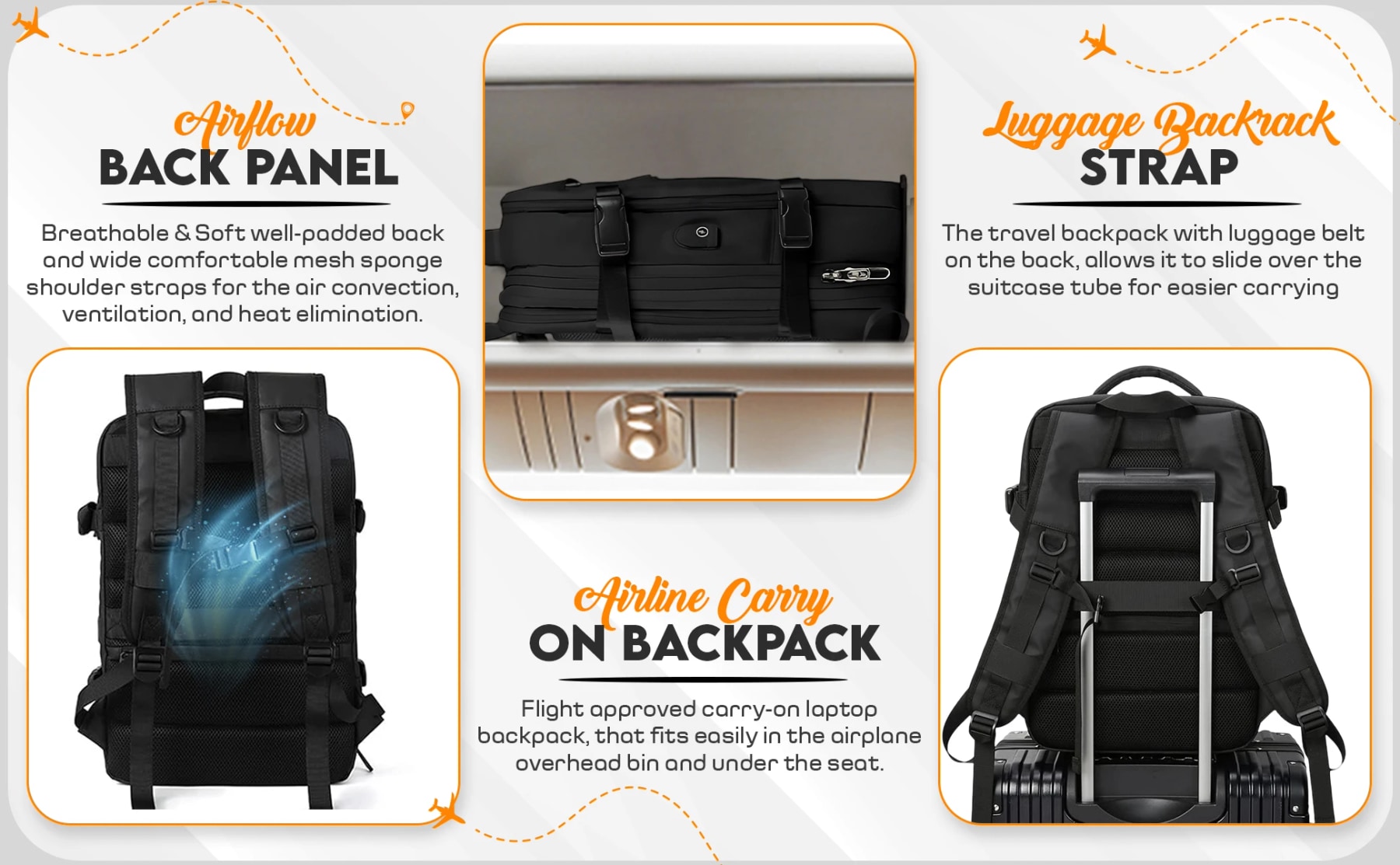 Black backpack showing its padded mesh back panel, placement in an overhead compartment and luggage strap over a suitcase handle.