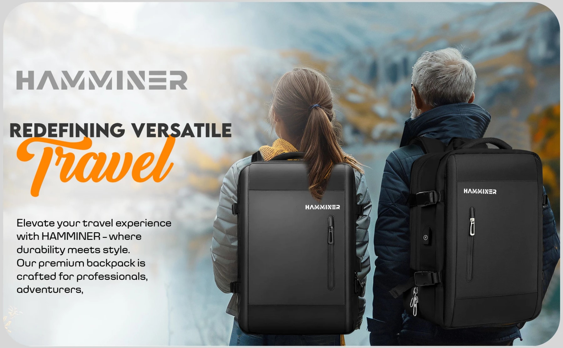 Two travellers wearing black travel backpacks on a city street.