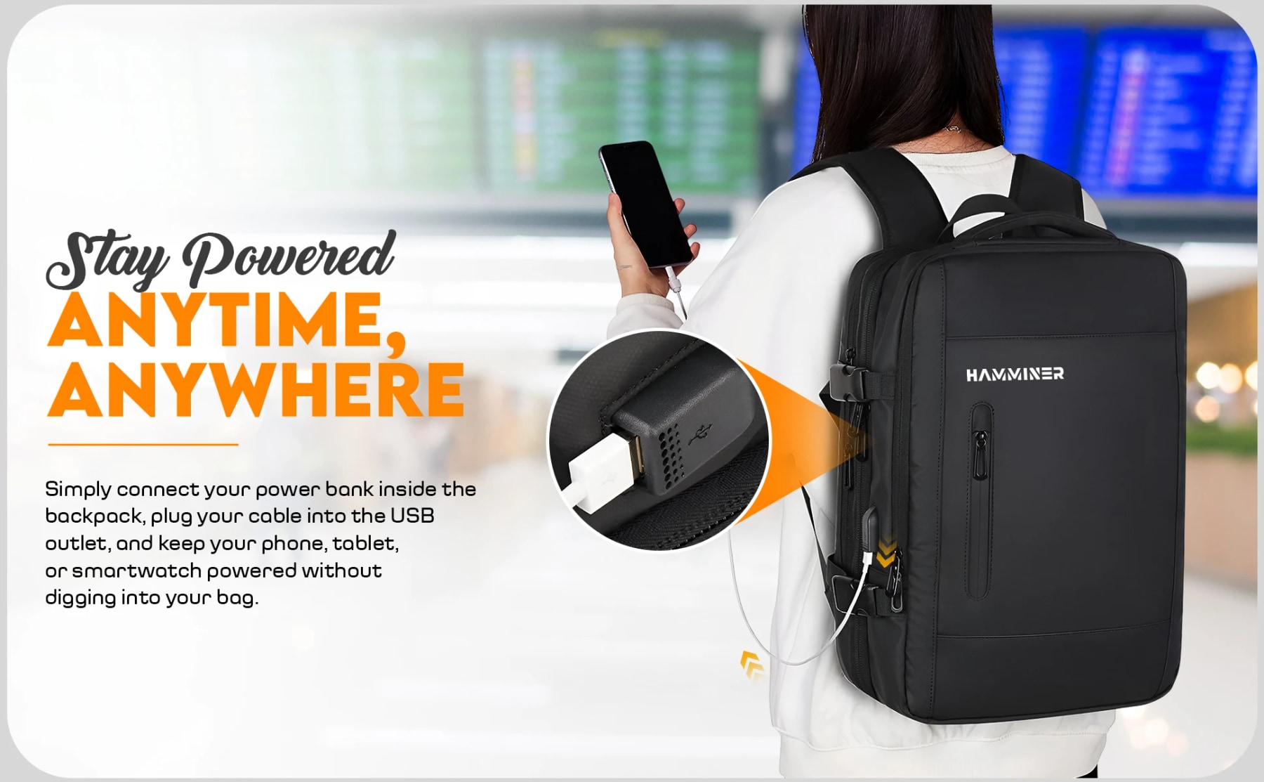 Woman wearing a black backpack while charging her phone through its external USB port using a power bank inside.