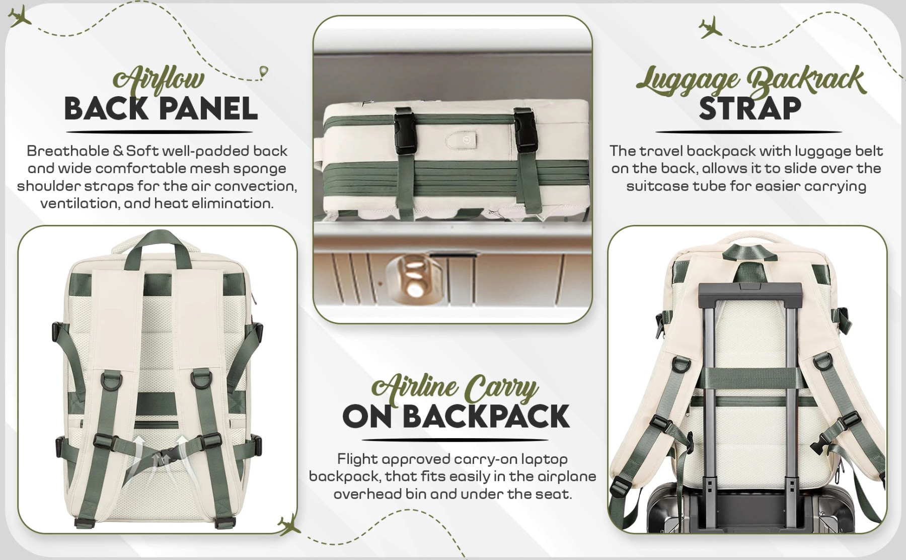 Cream backpack showing its padded mesh back panel, placement in an overhead compartment and luggage strap over a suitcase handle.
