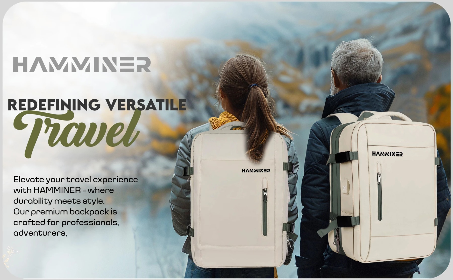 Two travellers wearing cream backpacks with green trim on a city street.