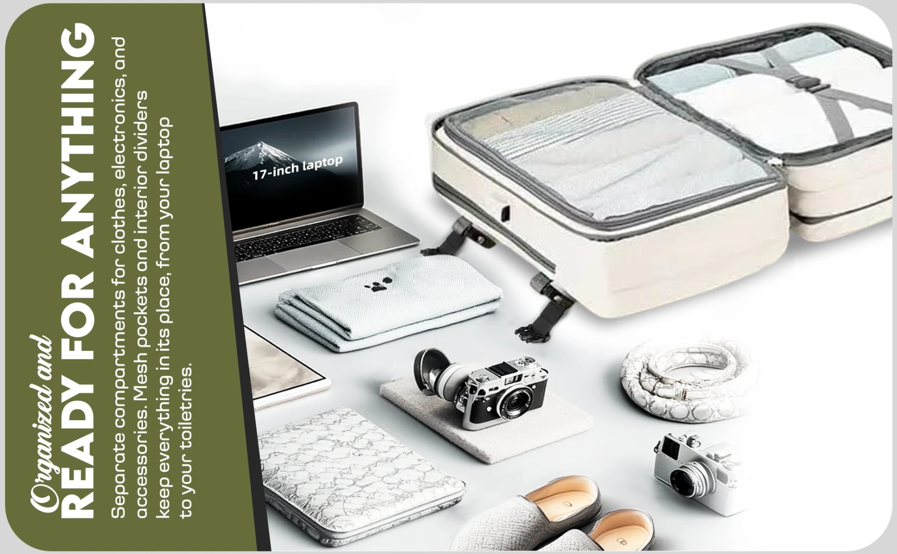 Cream travel backpack opened flat beside a 17-inch laptop, clothes, cameras and travel accessories.