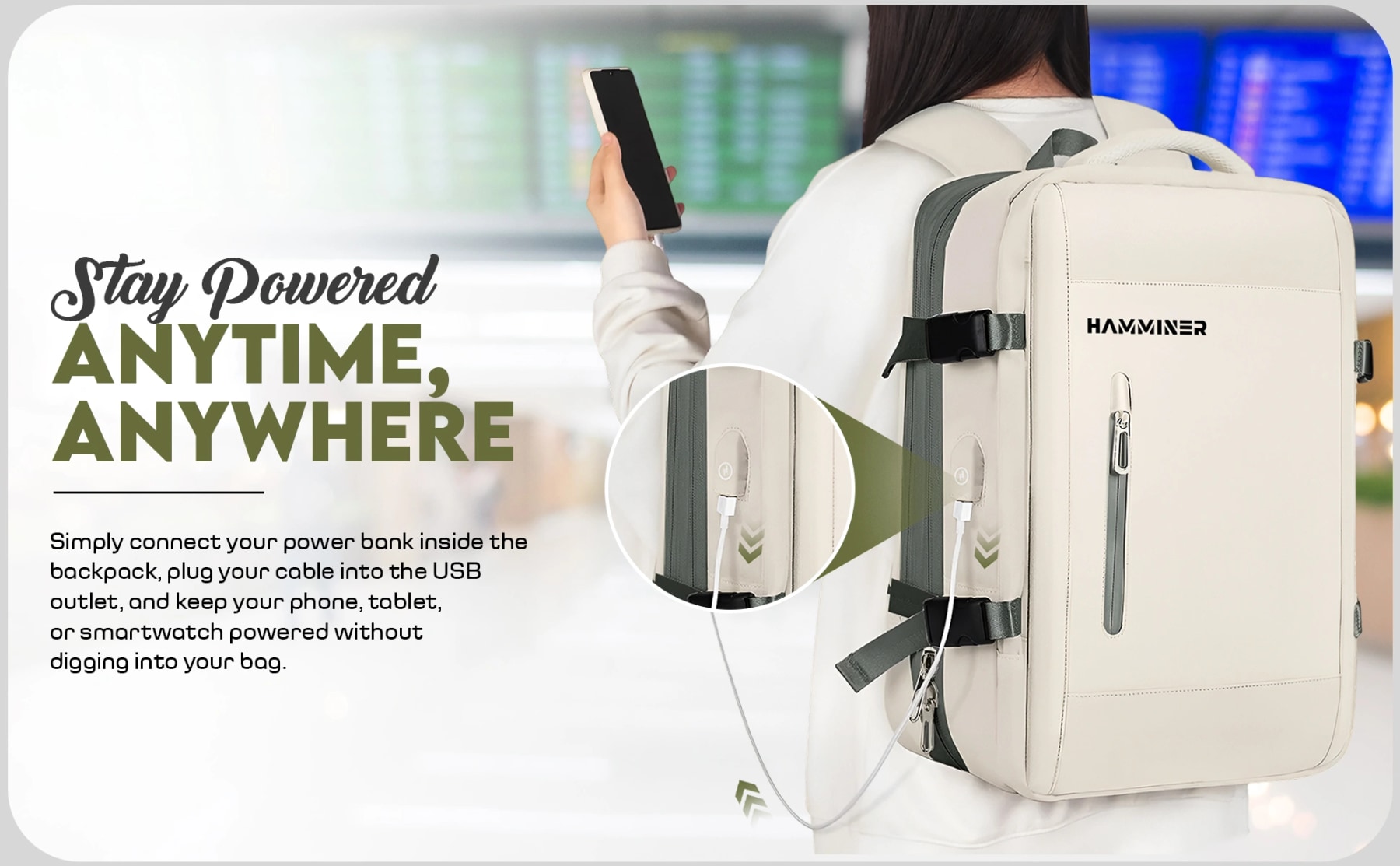 Woman wearing a cream backpack while charging her phone through its external USB port using a power bank inside.