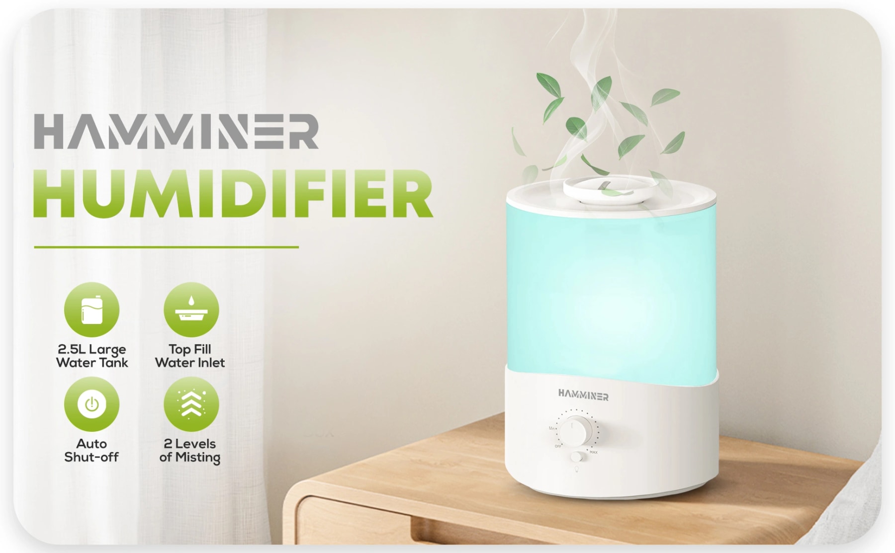 HAMMINER 2.5L top-fill humidifier with aqua lighting, showing auto shut-off and two mist settings.