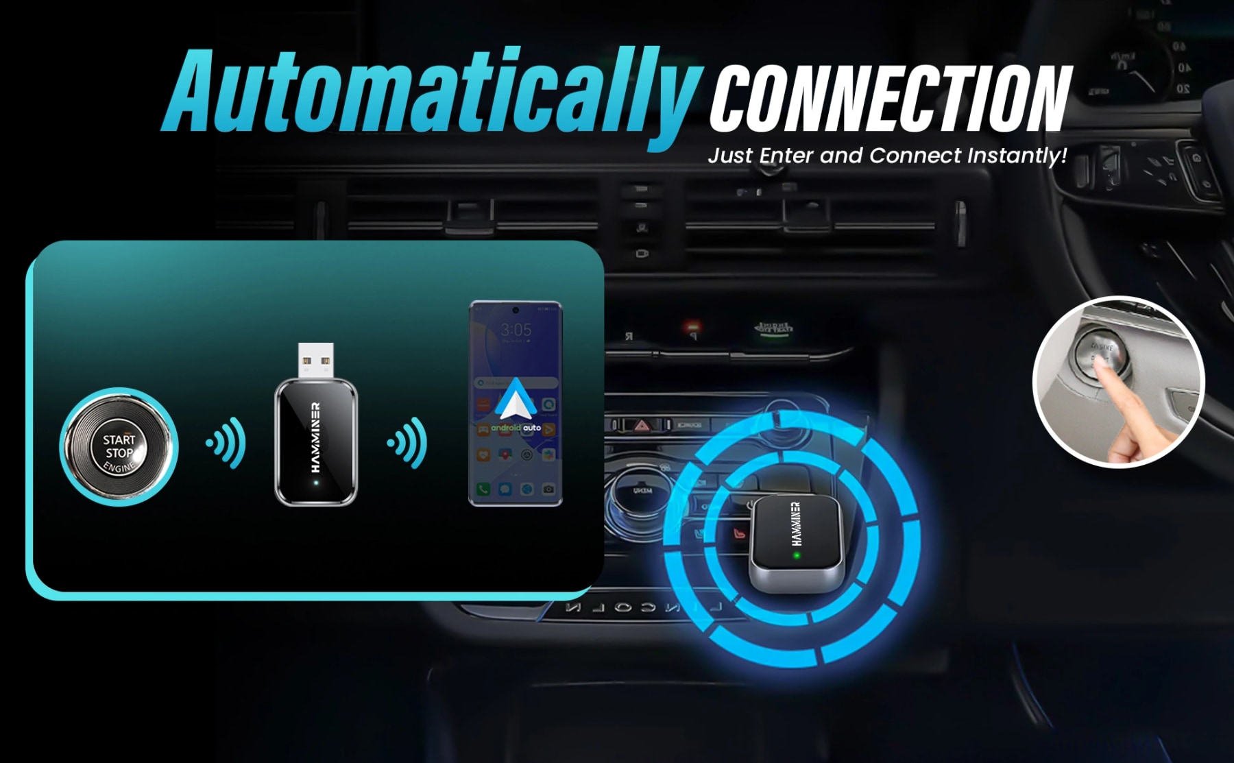 Diagram showing the HAMMINER wireless adapter automatically connecting to a smartphone when the car starts.