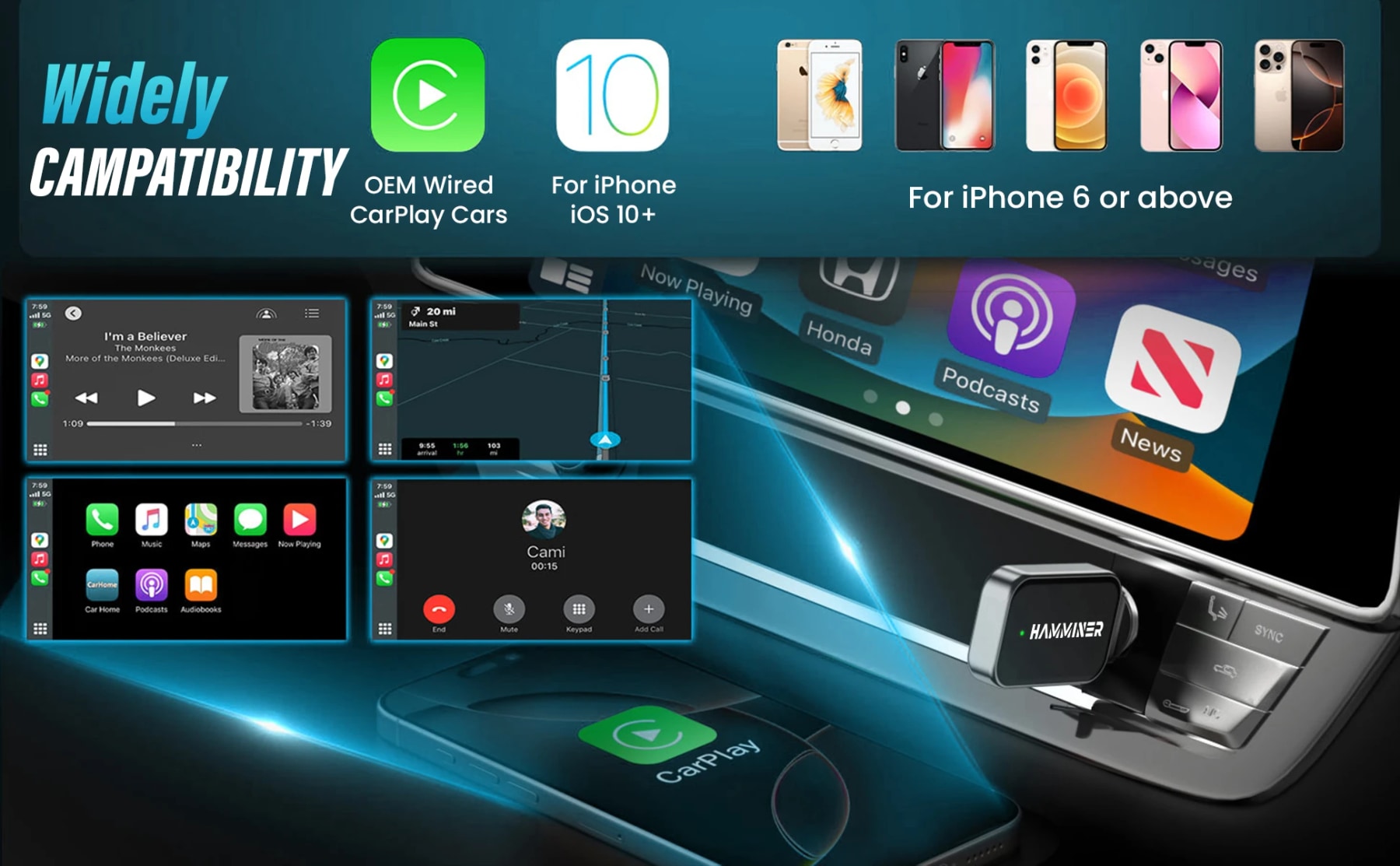HAMMINER adapter compatibility banner listing factory wired CarPlay, iOS 10 or later, and iPhone 6 or newer.