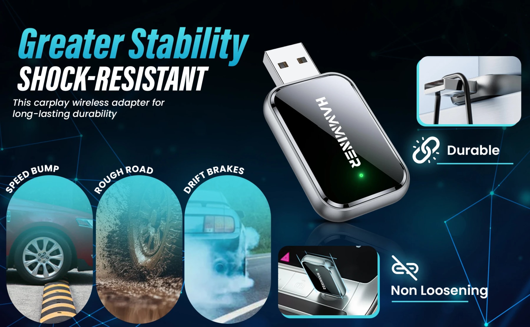 HAMMINER CarPlay adapter banner illustrating a secure USB connection over speed bumps and rough roads.
