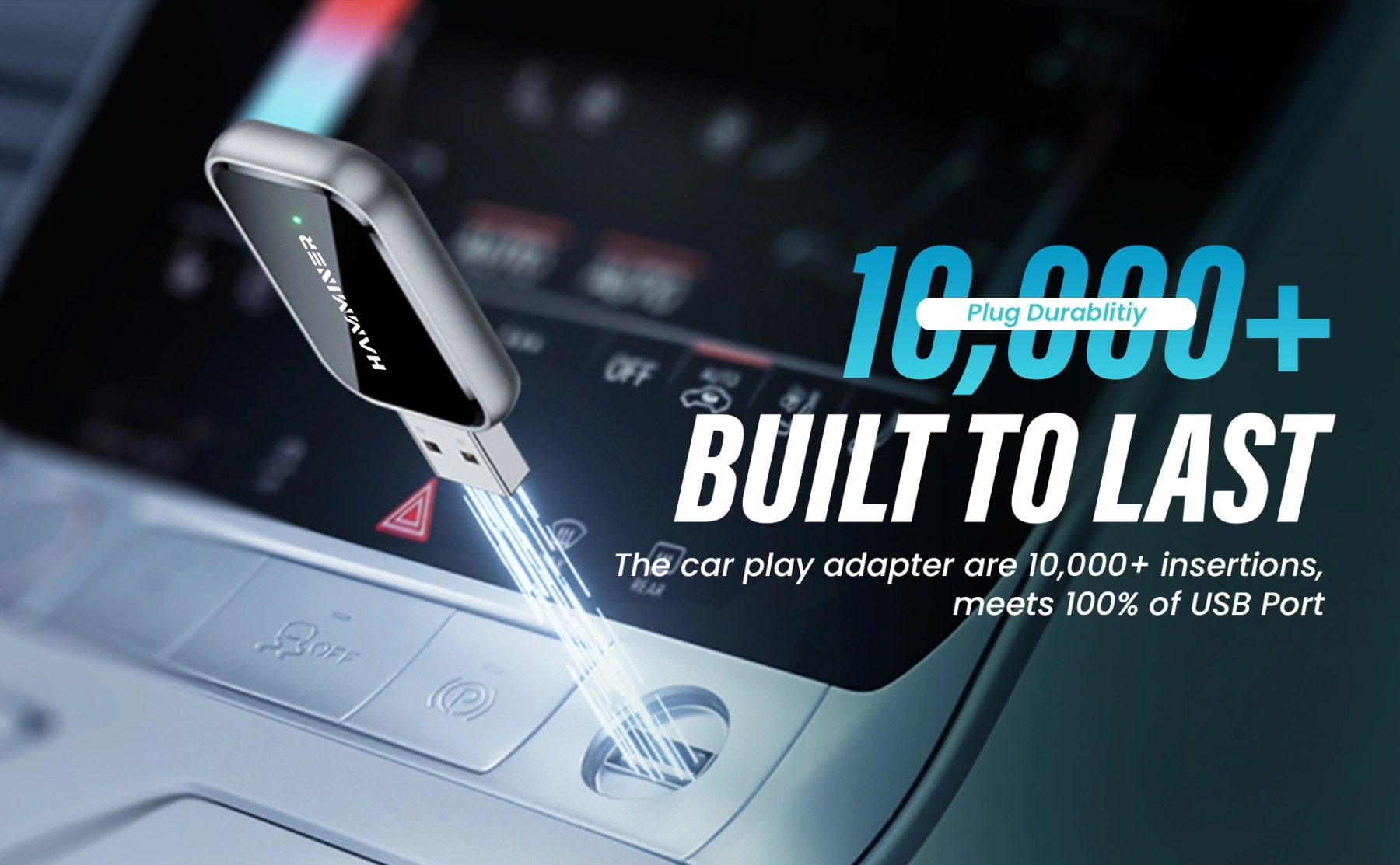 HAMMINER CarPlay adapter above a car USB port, with a banner stating durability of over 10,000 insertions.