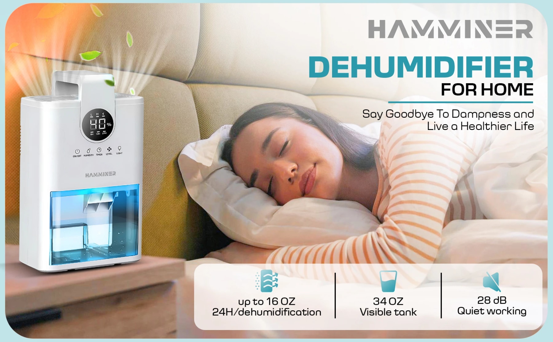 White Hamminer dehumidifier with an illuminated water tank beside a woman sleeping in bed.