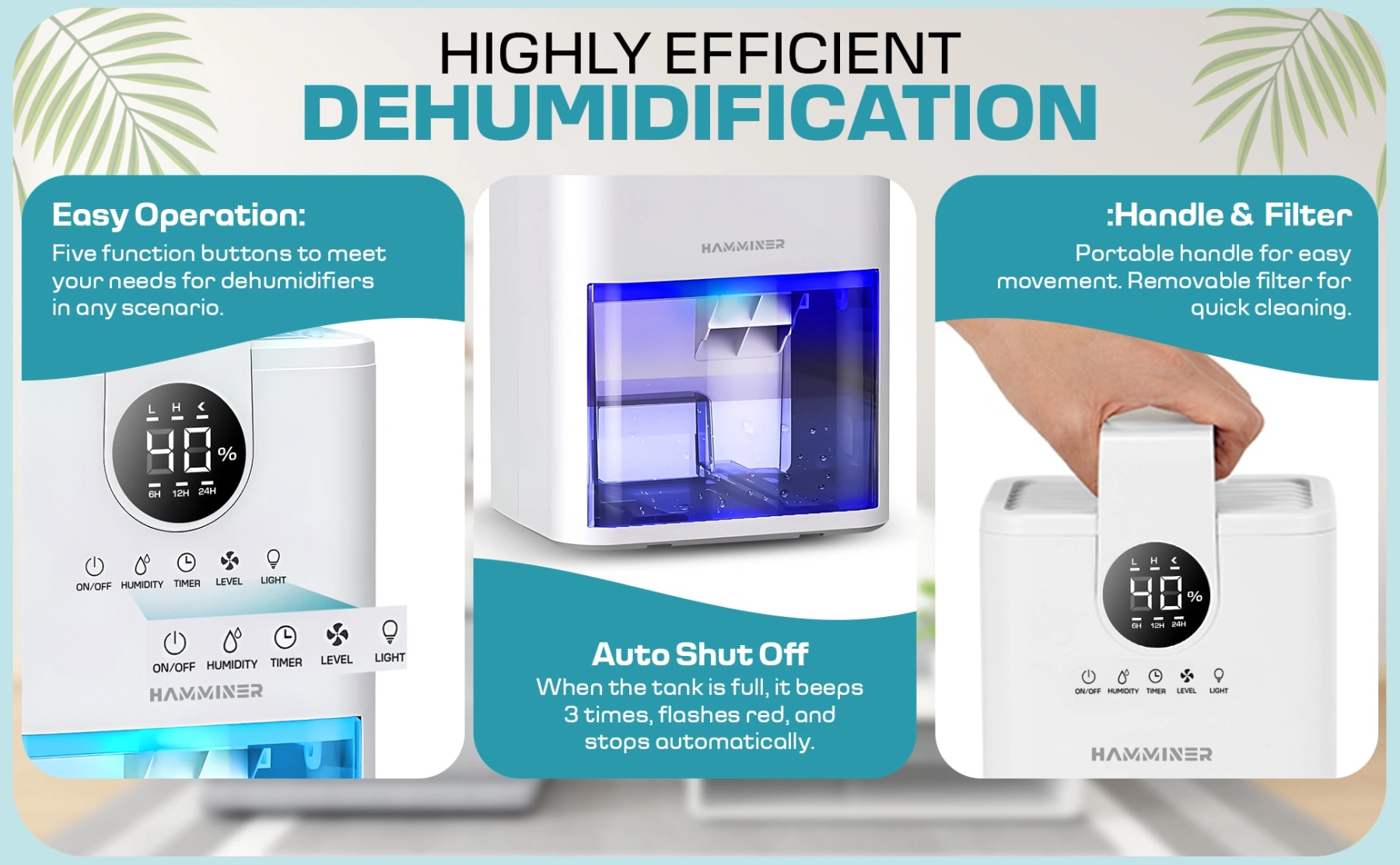 Hamminer dehumidifier graphic highlighting controls, automatic shut-off, carry handle and removable filter.