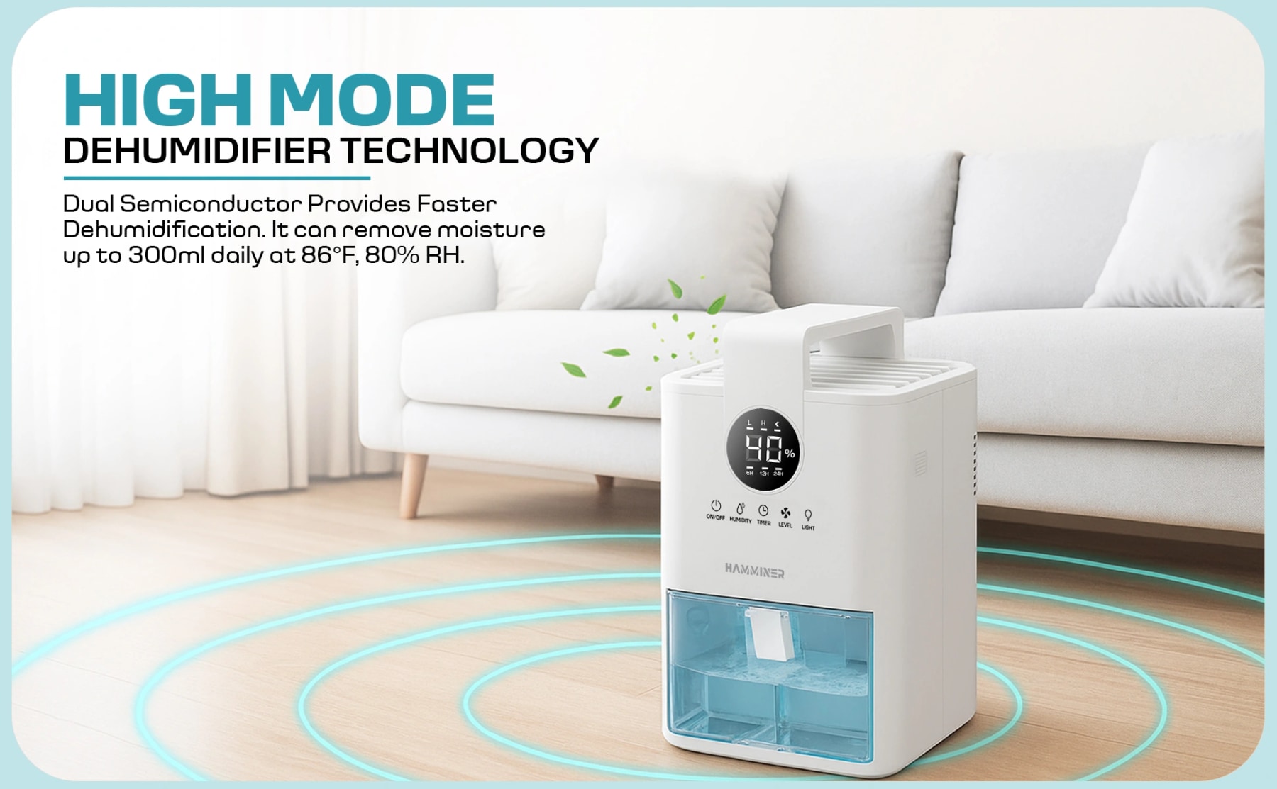 Hamminer dehumidifier in a living room with a graphic explaining high mode and dual semiconductor cooling.