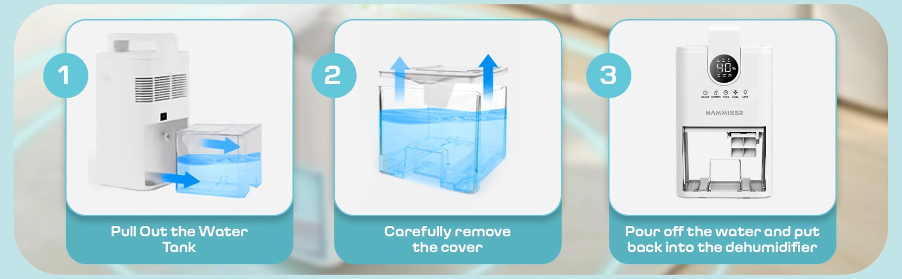 Three-step guide showing how to remove the water tank, lift its cover, empty it and reinstall it.