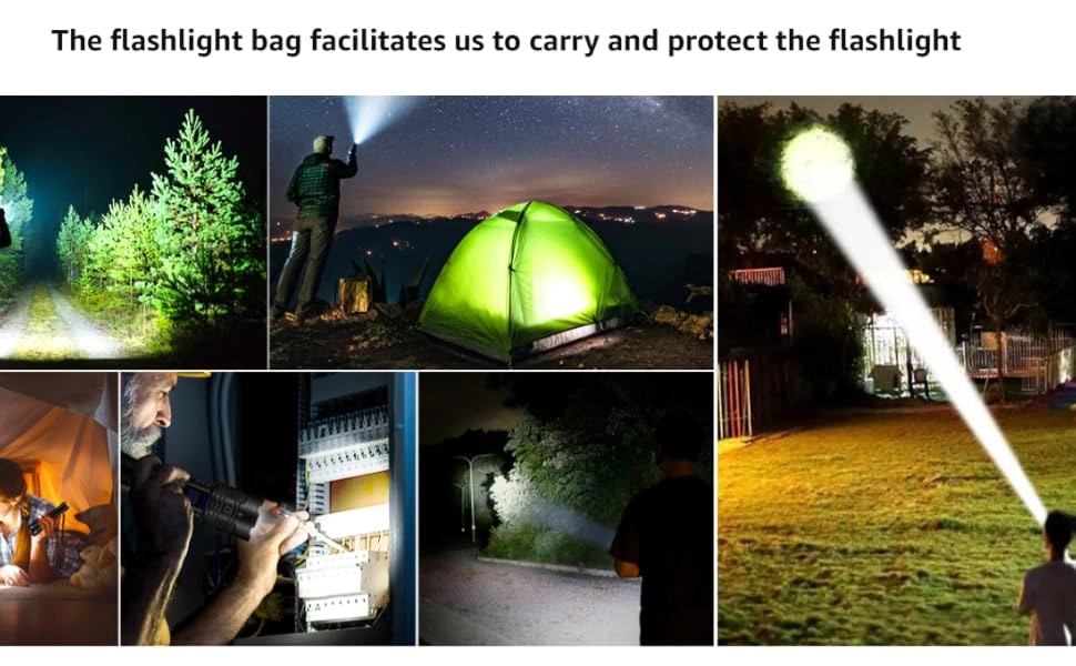 Flashlight use examples showing camping, nighttime walking, outdoor illumination and electrical repairs.