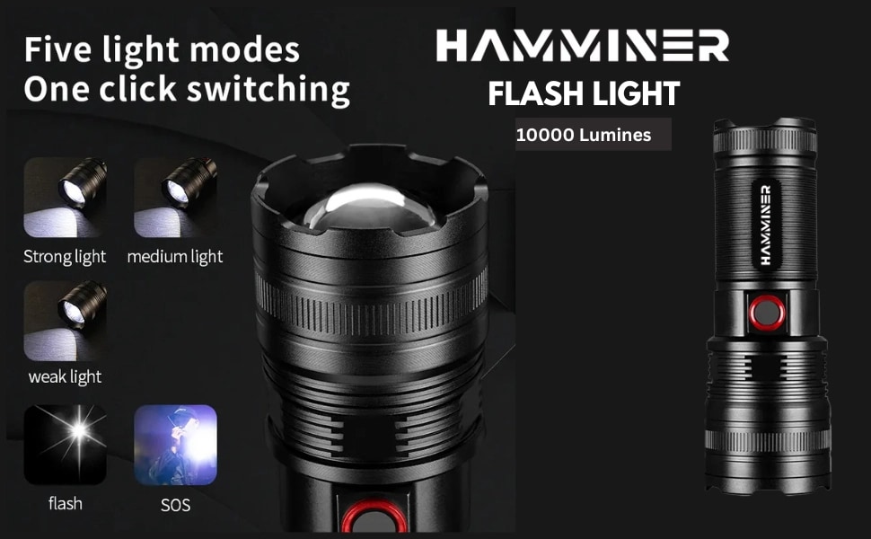HAMMINER flashlight showing high, medium, low, flash and SOS light modes with one-click switching.