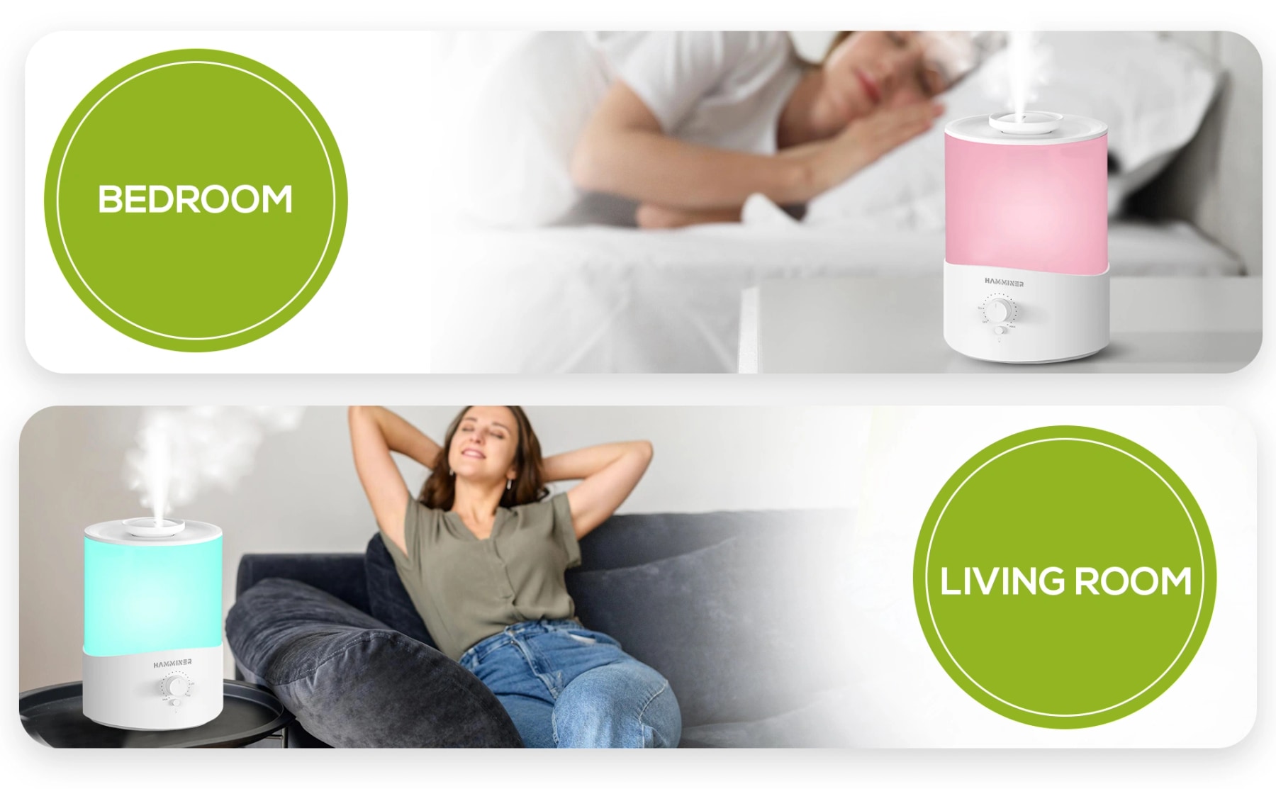 HAMMINER humidifier shown with pink lighting in a bedroom and aqua lighting in a living room.
