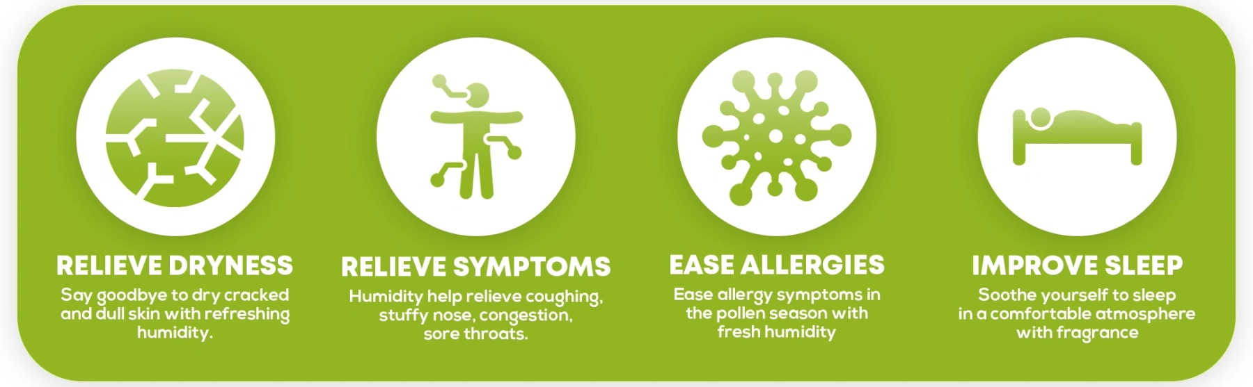 HAMMINER humidifier infographic highlighting dry skin, congestion, allergy symptoms and sleep comfort.