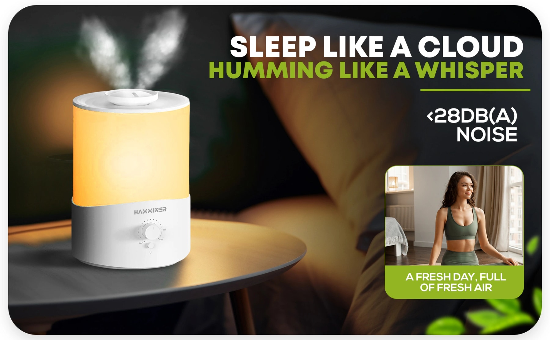 HAMMINER humidifier with warm yellow lighting beside a bed, highlighting noise below 28 dB(A).