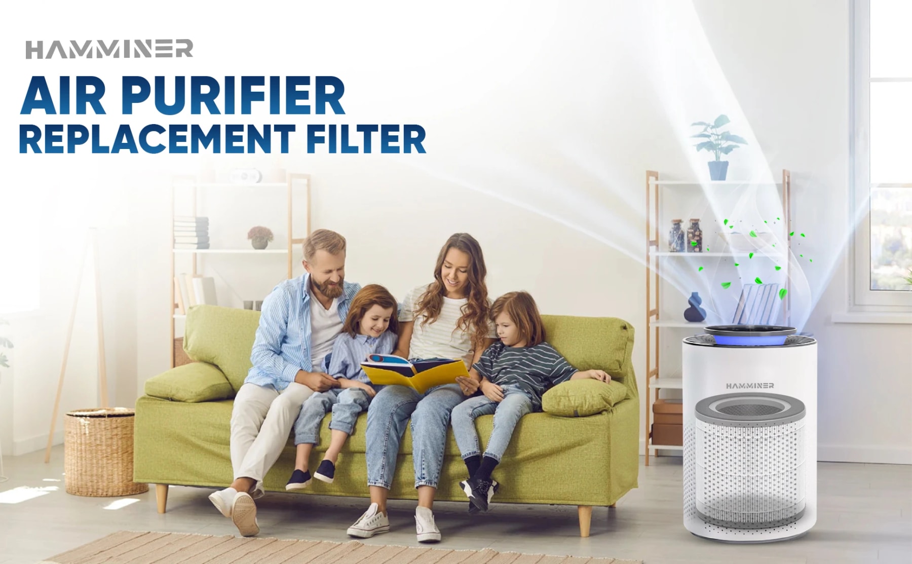 Family reading together on a sofa beside a Hamminer air purifier with its replacement filter illustrated inside.